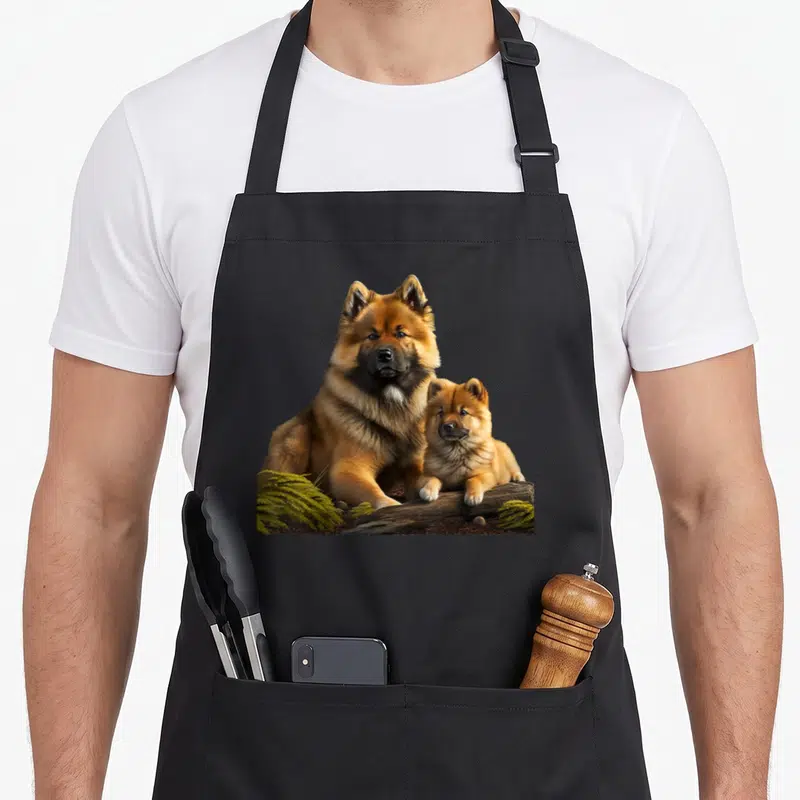 Tablier de cuisine noir avec illustration d'un chien Eurasier et de son chiot sur un tronc d'arbre.
