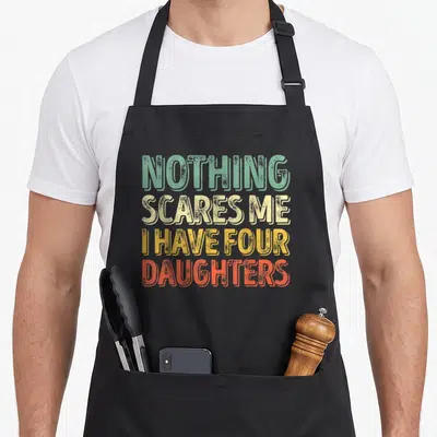 Tablier de cuisine noir avec inscriptionNothing Scares Me I Have Four Daughters en lettres dégradées vintage.