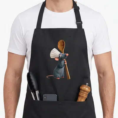 Tablier de cuisine noir avec Remy le rat chef portant toque blanche et tenant une grande cuillère en bois.