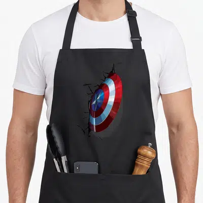 Tablier de cuisine noir avec le bouclier de Captain America traversant un mur fissuré en relief.