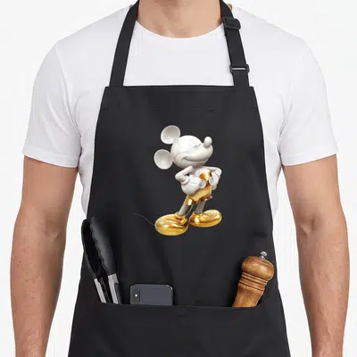 Tablier de cuisine noir avec un Mickey Mouse doré et blanc en style flotteur 3D posé sur le devant.