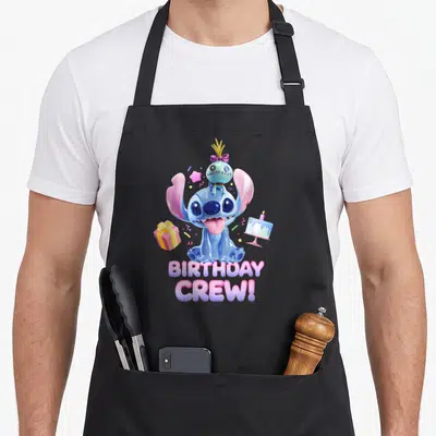 Tablier de cuisine noir avec Stitch brillant bleu, Scrump sur la tête, un gâteau et le texte anniversaire Crew en lettres roses.