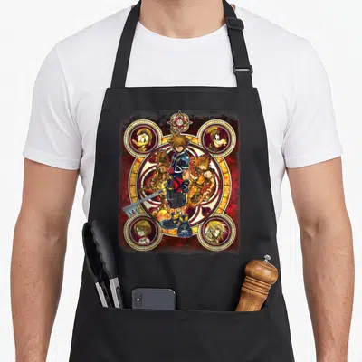 Tablier de cuisine noir avec illustration colorée de Sora tenant une Keyblade entouré de cercles ornés de personnages sur fond rouge et doré.