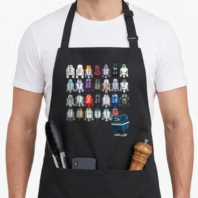 Tablier de cuisine noir avec une grille de robots R2-D2 multicolores et un astromech Gonk bleu en bas à droite.