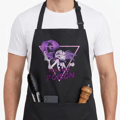 Tablier de cuisine noir avec illustration colorée de Yzma et texte Pick Your Poison sur fond triangulaire rose.