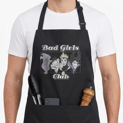 Tablier de cuisine noir avec illustration des quatre villaines du Bad Girls Club en style vintage.