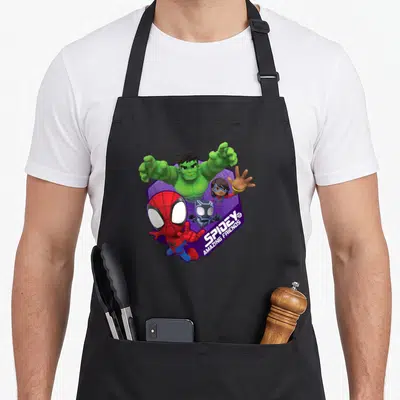 Tablier de cuisine noir avec Spidey, le Hulk et Bumblebee sur fond violet