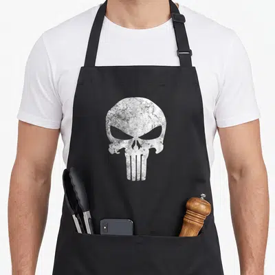 Tablier de cuisine noir avec un grand crâne blanc aux lignes épaisses et aspect dégradé au centre du torse.