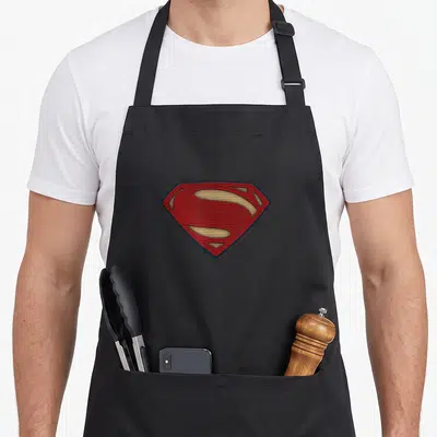 Tablier de cuisine noir avec le logo Superman rouge et doré à texture hexagonale.