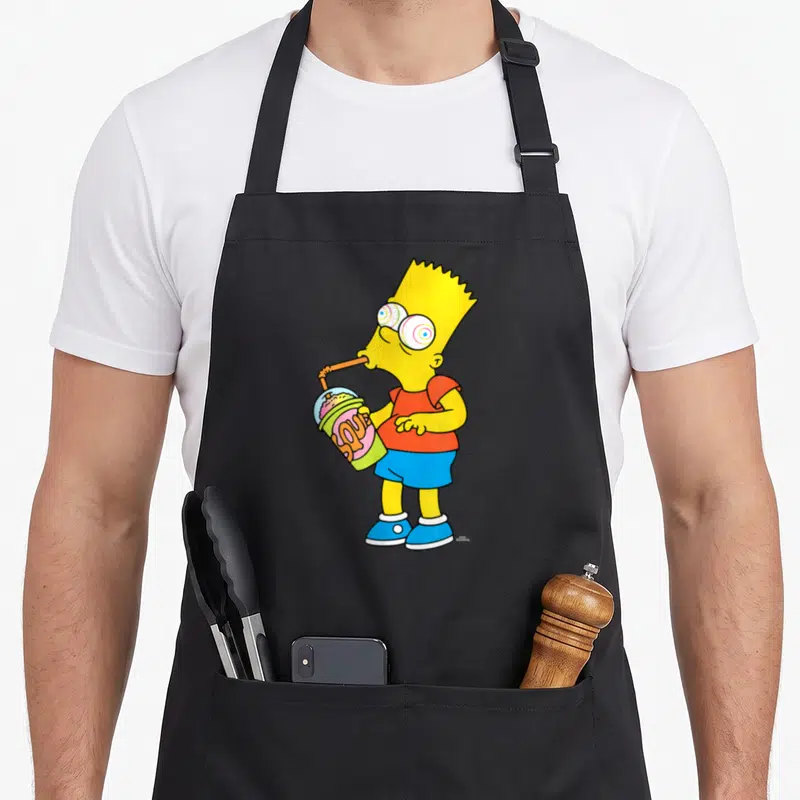 Tablier de cuisine noir avec Bart Simpson buvant un Squishee aux yeux en spirale.