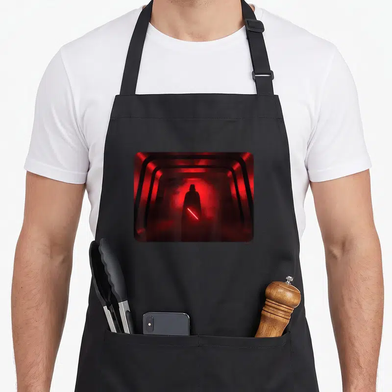 Tablier de cuisine noir avec une illustration de Darth Vader tenant un sabre laser rouge dans un couloir fumant.