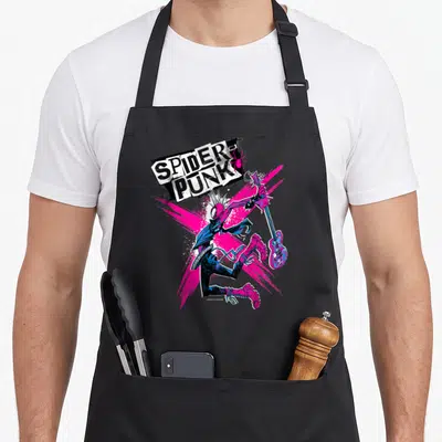 Tablier de cuisine noir avec illustration colorée de Spider-Punk X jouant de la guitare électrique.