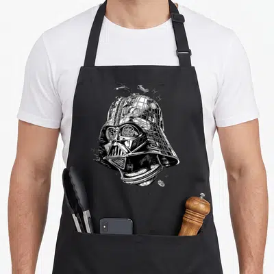 Tablier de cuisine noir avec un casque Dark Vador fusionnant à la Death Star et des vaisseaux en dessin noir et blanc.