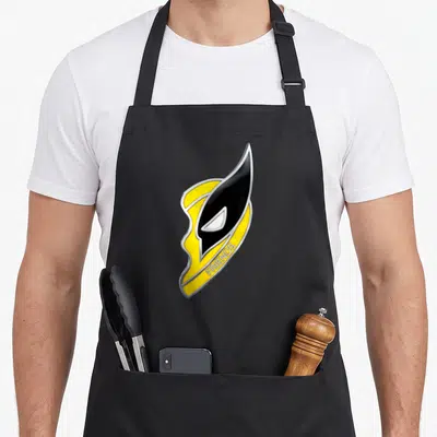 Tablier de cuisine noir avec un logo jaune et noir représentant les masques de Deadpool et Wolverine sous l'inscription Best Friends.