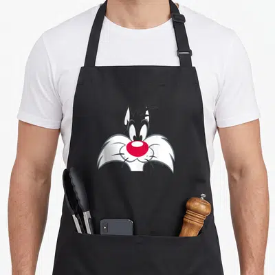 Tablier de cuisine noir avec le visage de Sylvester au nez rouge et aux oreilles pointues, style dessin animé classique.