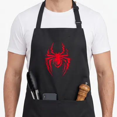 Tablier de cuisine noir avec logo araignée rouge stylisé Miles Morales effet glitch numérique vertical