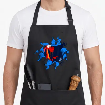 Tablier de cuisine noir avec illustration de Mushu et Cri-Kee sortant d'une déchirure bleue.