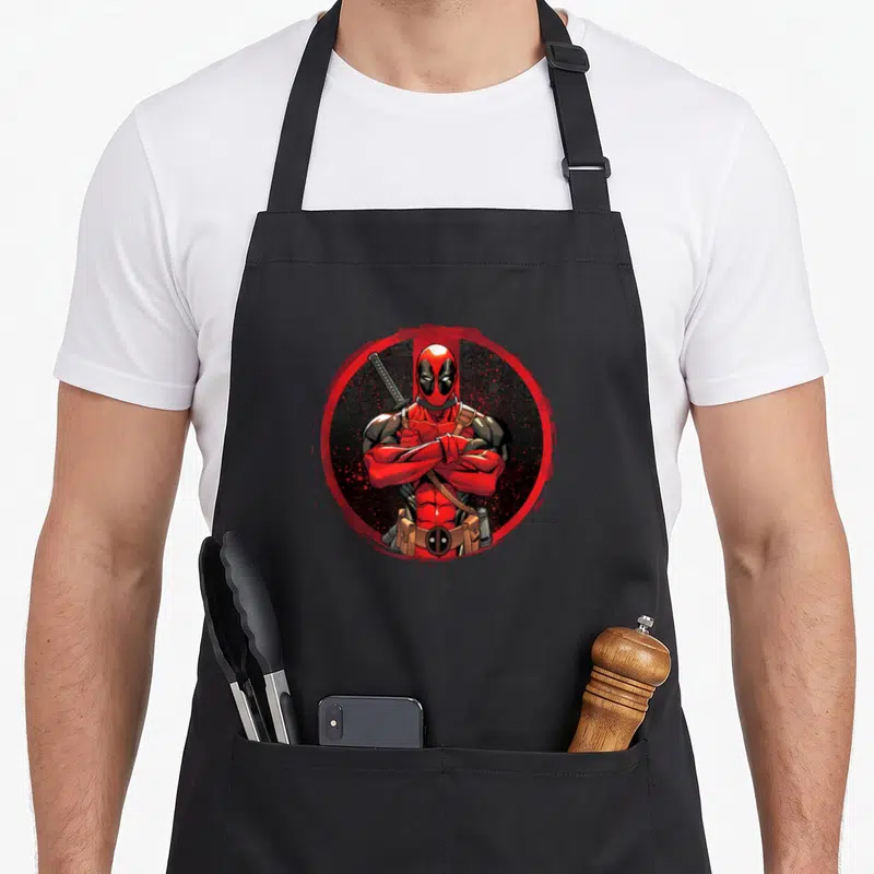 Tablier de cuisine noir avec Deadpool aux bras croisés dans un cercle rouge texturé et des épées au dos.