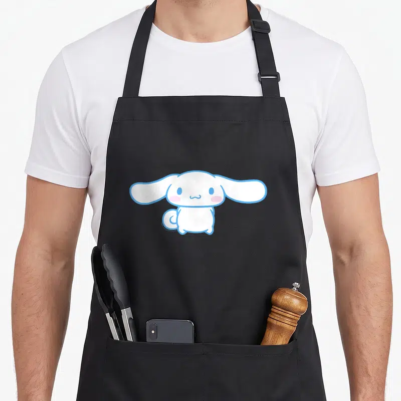 Tablier de cuisine noir avec illustration de Cinnamoroll aux oreilles étendues et contours bleus sur fond gris uni.