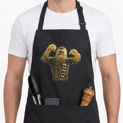 Tablier de cuisine noir avec illustration de Chewbacca montrant ses muscles et son bandoulière.