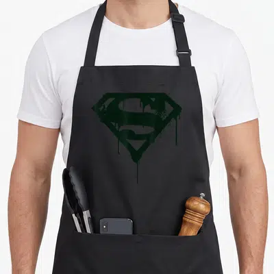 Tablier de cuisine noir avec logo Superman stylisé graffiti noir coulants et éclaboussés.