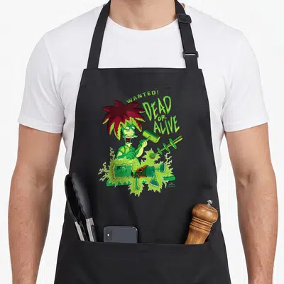 Tablier de cuisine noir avec illustration colorée de Side Show Bob tenant un marteau au-dessus d'une planche où repose Bart.