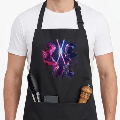 Tablier de cuisine noir avec illustration peinte d'un duel de sabres laser entre deux personnages de science-fiction.