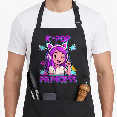 Tablier de cuisine noir avec une princesse K-Pop aux cheveux violets, casque et étoiles roses et bleues.