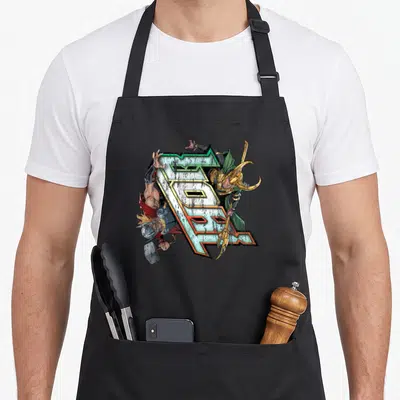 Tablier de cuisine noir avec illustration colorée de Thor et Loki encadrant un texte stylisé au centre.