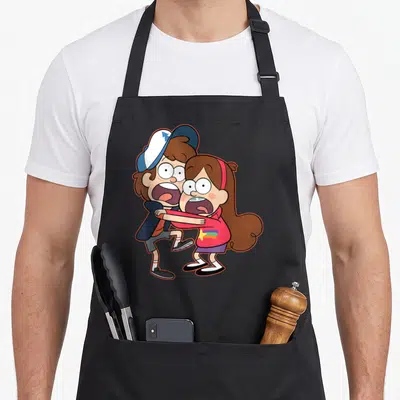 Tablier de cuisine noir avec Dipper et Mabel Pines en train de crier ensemble, illustration colorée sur fond sombre.