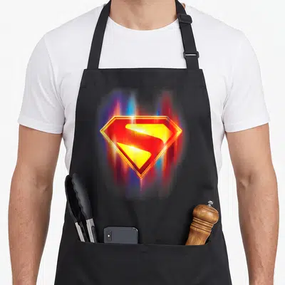 Tablier de cuisine noir avec le bouclier lumineux de Superman aux couleurs vives et effet de flou dynamique.