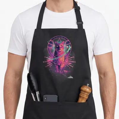 Tablier de cuisine noir avec portrait coloré de Goose entouré de symboles géométriques roses et violets ainsi qu'une silhouette verte volante.