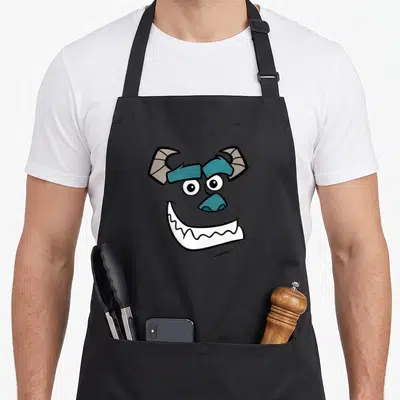 Tablier de cuisine noir avec le visage souriant de Sulley aux yeux ronds et cornes grises.