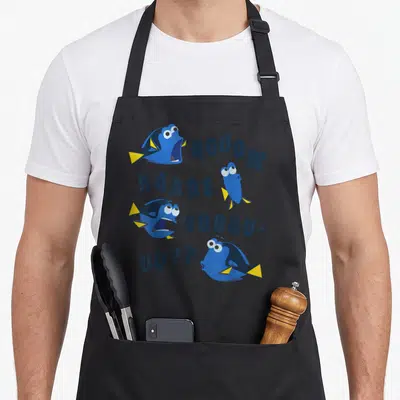 Tablier de cuisine noir avec quatre Dory bleues et le texte Hooow Aaare Yoooouuu en lettres foncées.