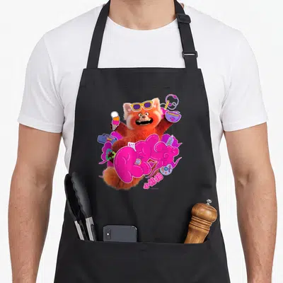 Tablier de cuisine noir avec un red panda rose portant des lunettes et le mot RPG en lettres roses.