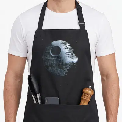 Tablier de cuisine noir avec une illustration détaillée de l'Étoile de la Mort en train d'être détruite dans l'espace.