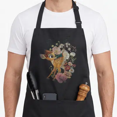 Tablier de cuisine noir avec un portrait de Bambi entouré de fleurs roses et blanches et le mot Bambi en écriture élégante.