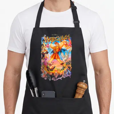 Tablier de cuisine noir avec l'affiche colorée du film d'animation Hercules et ses personnages.