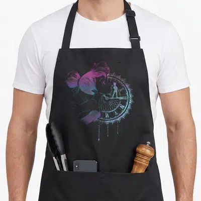 Tablier de cuisine noir avec illustration néon de Tinker Bell et une horloge décorative aux teintes violettes et bleues.