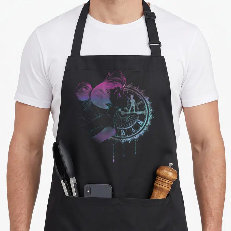 Tablier de cuisine noir avec illustration néon de Tinker Bell et une horloge décorative aux teintes violettes et bleues.