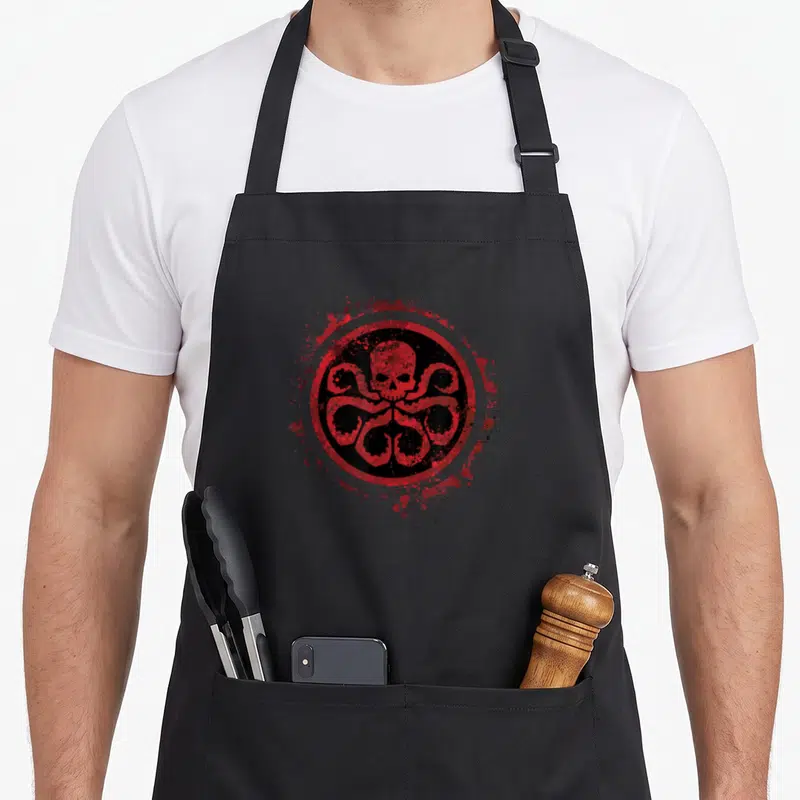 Tablier de cuisine noir avec logo Hail Hydra rouge et noir représentant un crâne octopus.