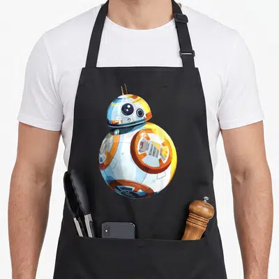 Tablier de cuisine noir avec portrait coloré du robot sphérique BB-8 aux détails mécaniques visibles.