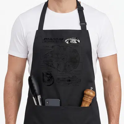 Tablier de cuisine noir avec le schéma technique détaillé du vaisseau spatial Millennium Falcon en vue de dessus et latérale.