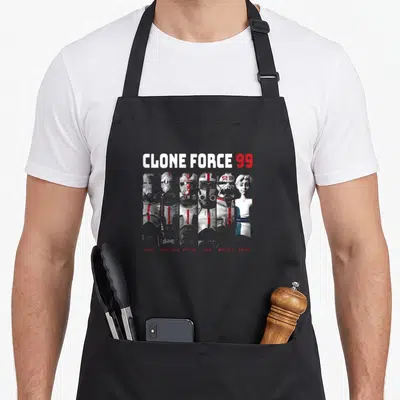Tablier de cuisine noir avec illustration des clones Echo, Crosshair, Hunter, Tech, Wrecker et Omega sous le titre Clone Force 99.