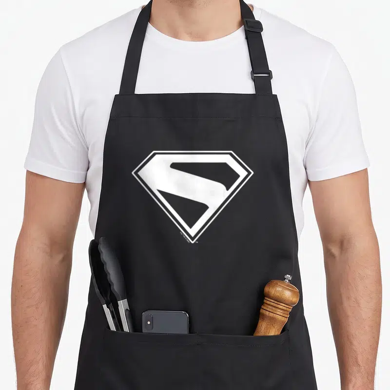 Tablier de cuisine noir avec le Superman New Logo 2025 en blanc au centre.
