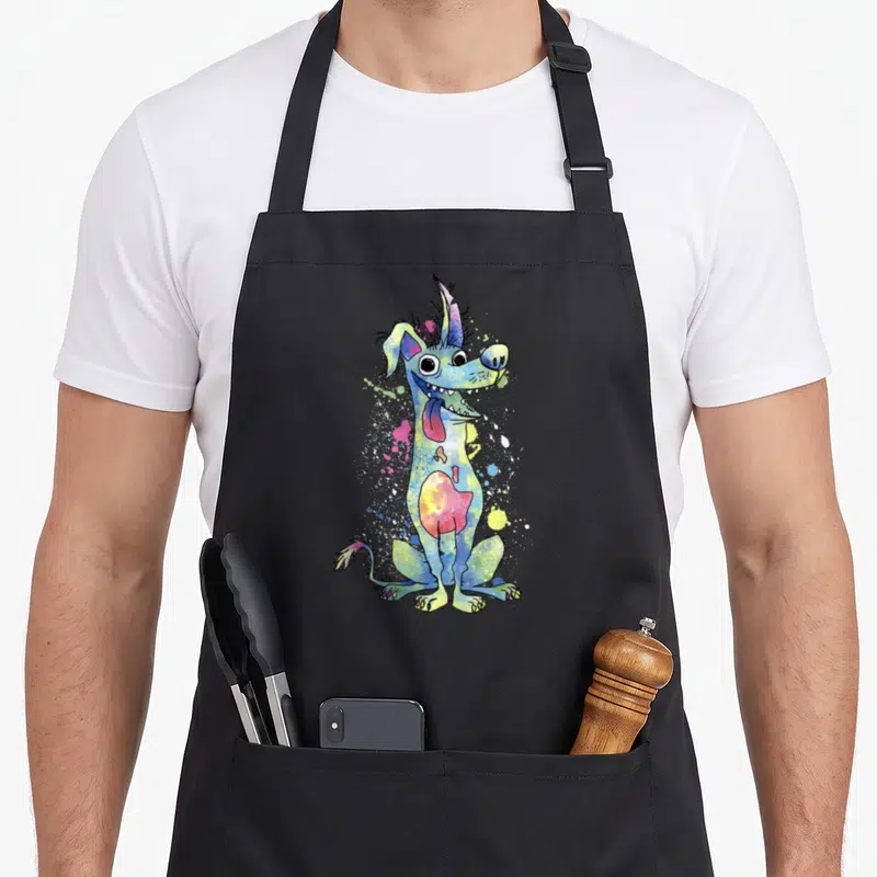 Tablier de cuisine noir avec illustration colorée de Dante le chien fantôme en style aquarelle et éclaboussures.