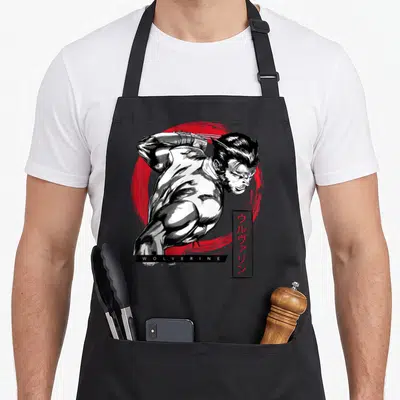Tablier de cuisine noir avec illustration Wolverine en style manga et cercle rouge.