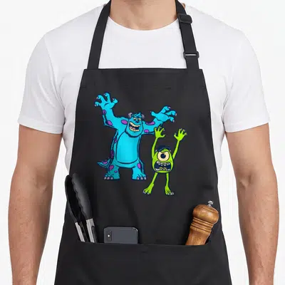 Tablier de cuisine noir avec illustration colorée de Sulley bleu et Mike vert levant les bras ensemble.