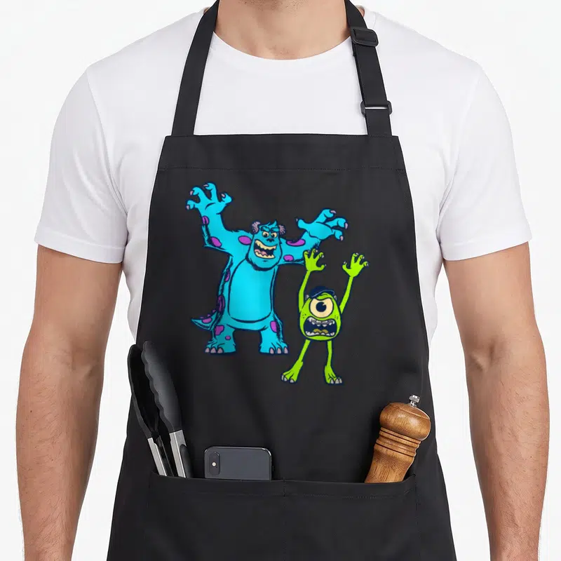 Tablier de cuisine noir avec illustration colorée de Sulley bleu et Mike vert levant les bras ensemble.