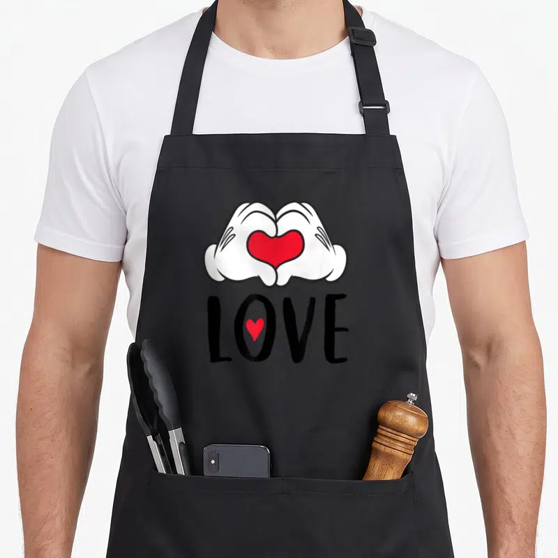 Tablier de cuisine noir avec deux gants blancs formant un cœur rouge et le mot LOVE imprimé en dessous.